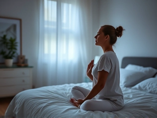 A serene bedroom scene with a person meditating peacefully before sleep, soft lighting, focus on relaxation.