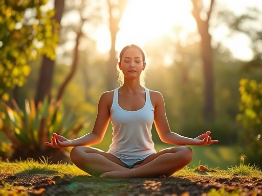 A serene person meditating outdoors surrounded by nature, with soft sunlight and peaceful ambiance.
