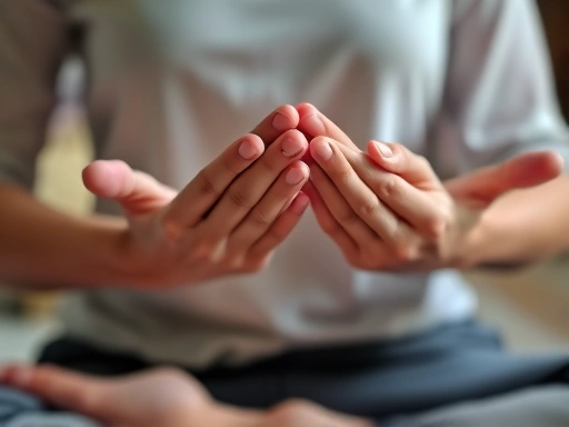 Close-up shot of a person's hands in a meditative pose, focusing on the details of calm and mindfulness.