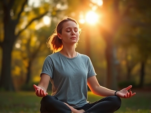 A serene person meditating outdoors, sunlight filtering through trees, focus on peaceful expression and natural setting.