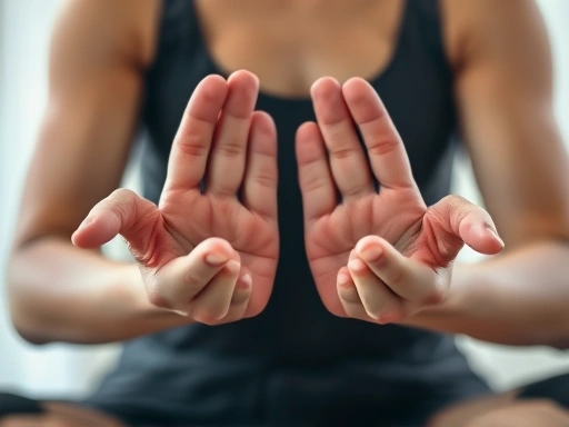 Close-up of hands in a meditative pose, showing details of skin texture and calm, focused energy.