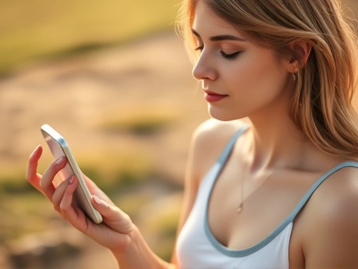 A serene woman meditating outdoors with a smartphone displaying a meditation app interface.