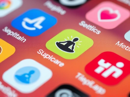 Close-up of various meditation app icons on a smartphone screen with soft, diffused lighting.