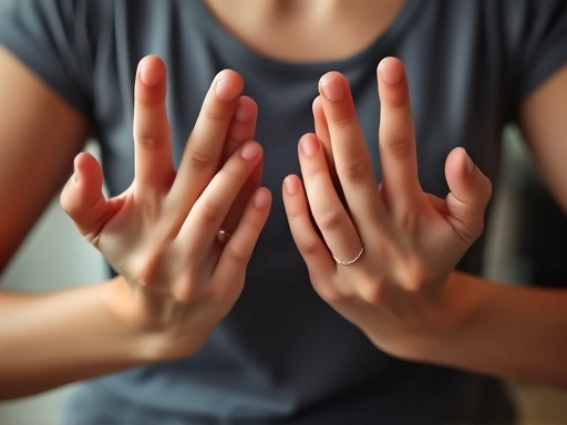 Close-up shot of a person's hands in a relaxed meditative pose, emphasizing peace and tranquility.