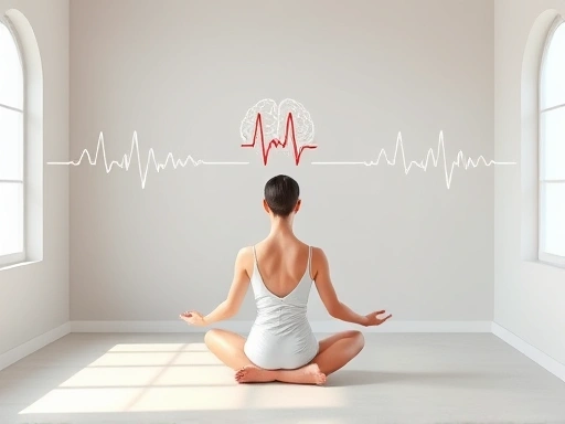 A serene person meditating in a peaceful, minimalist room, with abstract lines representing calm brain waves and stable heart rhythm, showing the scientific effect of meditation on blood pressure.
