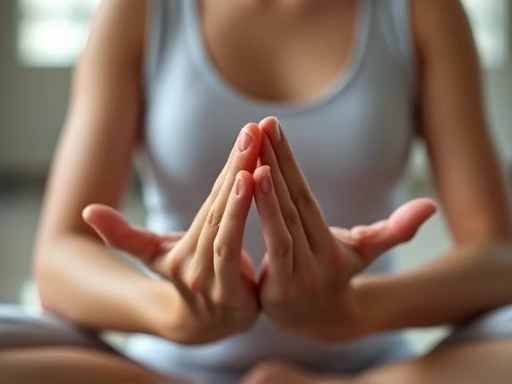 Close-up of hands gently placed in a meditation mudra, with soft light and a blurred background of a calm, reflective space, emphasizing the internal peace and focus of meditation.
