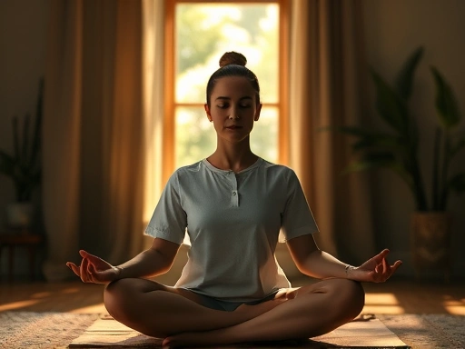 A serene person meditating with focus on their body sensations, gentle lighting, peaceful atmosphere.