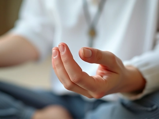 Close-up of a meditator's hand, focusing on the sensation of touch and mindful awareness, soft textures.