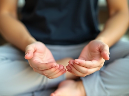 Close-up on hands and feet of a meditator, showing slight trembling or tingling, with a focus on relaxed muscles and deep breathing.