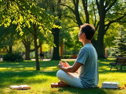 A serene individual meditates in a quiet park, sunlight filtering through leaves, books nearby.