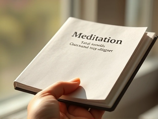 Close-up of a hand gently holding a meditation book, sunlight highlighting the cover details.