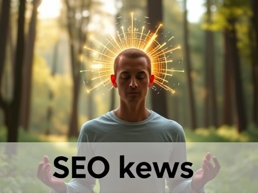 A serene person meditating in a peaceful forest, brainwave patterns visualized as glowing lights around their head, SEO keywords.