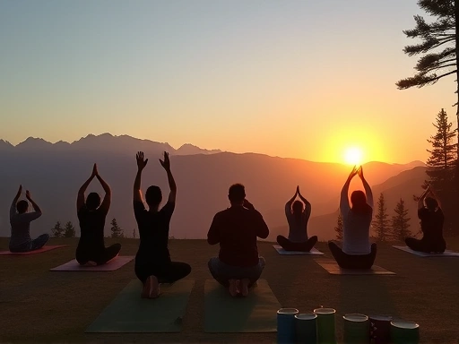 A serene meditation camp scene with people practicing yoga at dawn, surrounded by mountains.