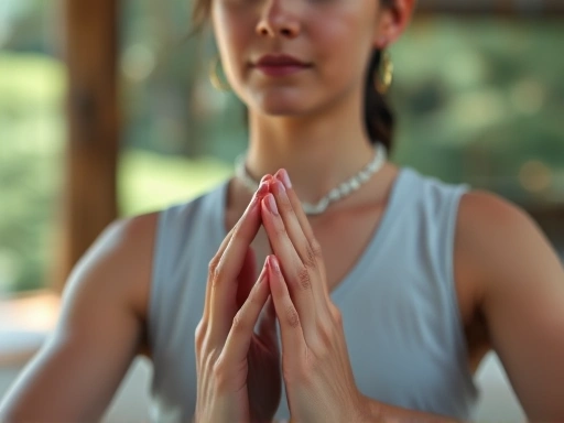 Close-up of a person meditating in a peaceful retreat, focusing on hands and peaceful expression.