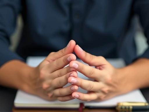 A close-up shot of hands gently clasped in meditation, with a blurred background of a notebook and pen, representing reflection and planning for 