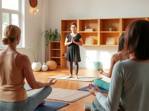 A serene meditation instructor guides a group in a peaceful studio, emphasizing mindfulness and relaxation techniques.