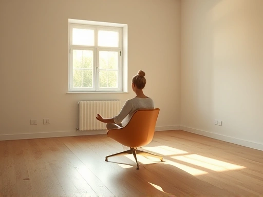 A peaceful and minimalist room with a person meditating comfortably on an ergonomic meditation chair, bathed in soft, warm light from a window, emphasizing tranquility and focus.