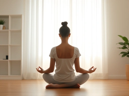 A person sitting calmly in a serene, brightly lit room, practicing mindfulness meditation, with subtle light effects representing inner peace and chronic pain relief.