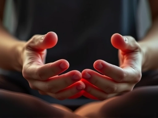 Close-up of hands gently resting, with a subtle glow around them, symbolizing comfort and the calming effect of meditation on chronic pain.