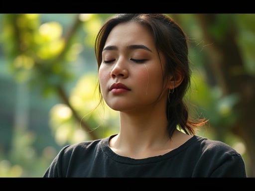 A person meditating with tears streaming down their face in a peaceful, nature-filled setting.