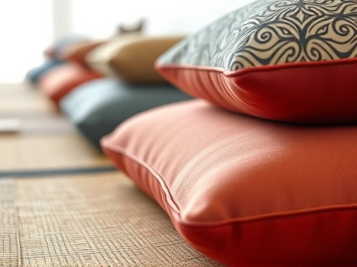 Close-up of various meditation cushions and mats, showcasing texture and design, serene and inviting atmosphere.