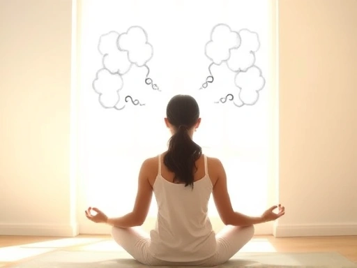 A serene person meditating in a quiet, sunlit room, with subtle, wispy thought bubbles around their head, representing distracting thoughts, illustrating common challenges in meditation.