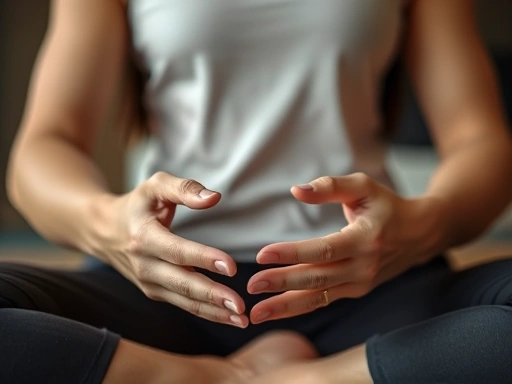 A close-up of hands gently resting during meditation, with a calm, focused expression on the face in soft focus, emphasizing mindfulness and overcoming distractions.