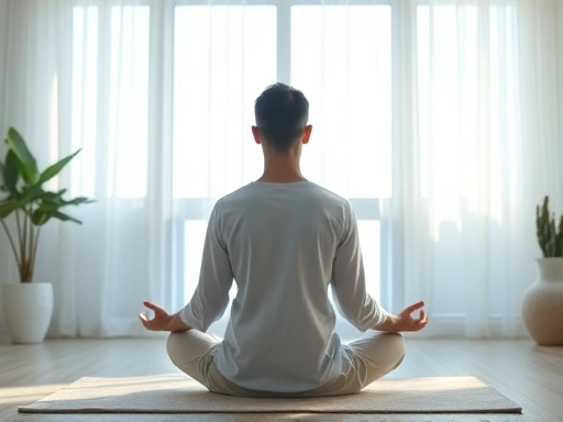 A person meditating in a serene, brightly lit room, clearly awake and focused, representing clarity and overcoming drowsiness.