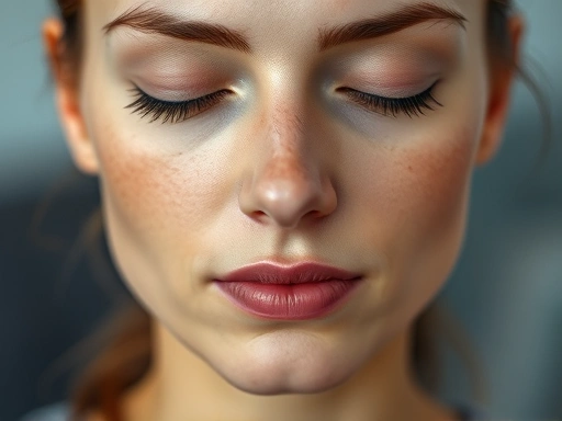 Close-up of a person's face during meditation, showing alert eyes and a calm, focused expression, emphasizing concentration.