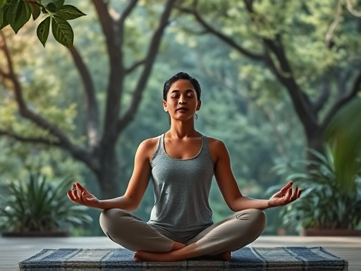 A person meditating peacefully in a serene environment, surrounded by nature and soft lighting.