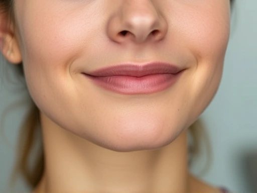 Close-up of a person's calm face during meditation, with subtle smile and relaxed expression.