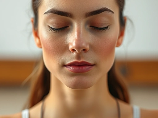 Close-up of a person's calm face during meditation, emphasizing peaceful expression, relaxed posture, and mindfulness.