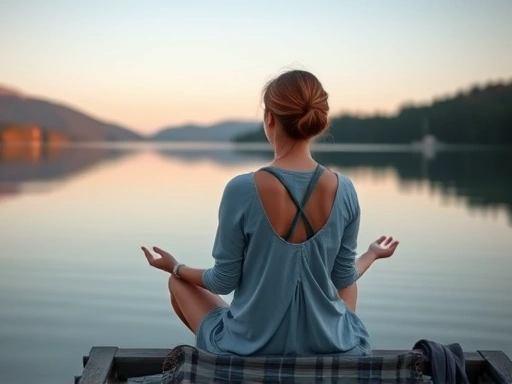 A serene woman practices mindful meditation by a peaceful lake to overcome insomnia.