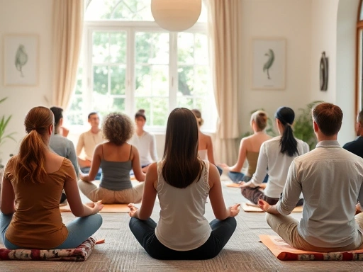 A diverse group of people meditating peacefully in a harmonious, brightly lit room, with natural elements, conveying calm and community spirit.