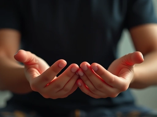 Close-up of hands gently placed in a meditation mudra, with soft, warm light illuminating them, symbolizing inner peace and mindful presence.