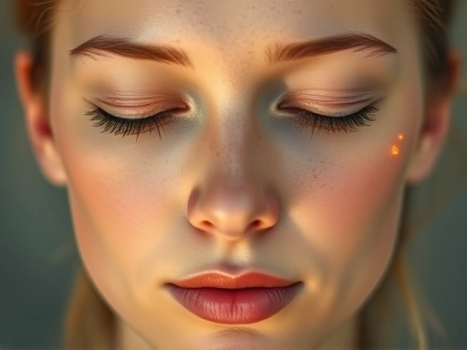 Close-up of a person's serene face during meditation, with subtle glowing lines around their brain, illustrating the internal hormonal changes and peace.