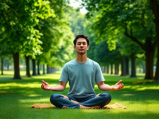 A serene person meditating outdoors in a lush green park, promoting calm and improved relationships.