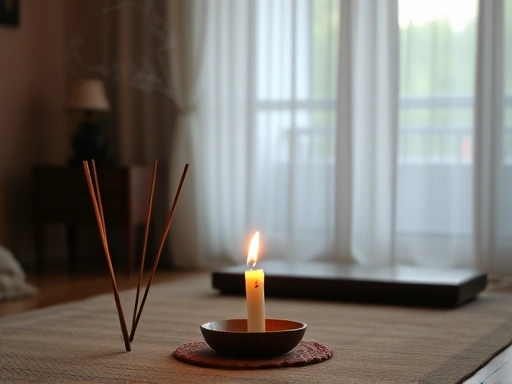 A serene meditation room with incense burning and a candle flickering, creating a calming atmosphere.