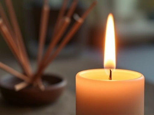 Close-up of a lit candle with fragrant incense burning in the background, emphasizing relaxation and mindfulness.