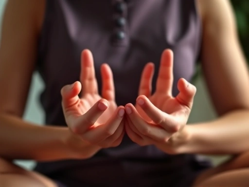 Close-up of hands gently placed in a mudra position during meditation, emphasizing focus and mindfulness with soft lighting.