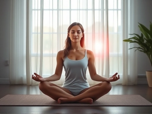 A serene and focused person sitting in a comfortable meditation pose in a tranquil room, with a gentle glow, representing calm and inner peace.