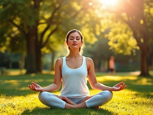 A serene woman meditating in a peaceful park, sunlight filtering through trees, promoting calm and stress relief.