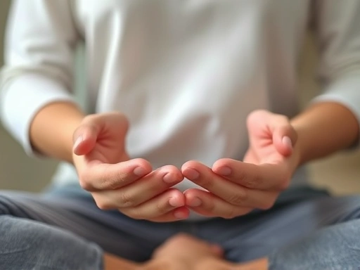 Close-up of hands gently resting during meditation, emphasizing relaxation and mindfulness for stress reduction.