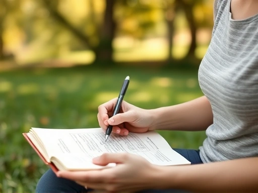 A person writing in a meditation journal outdoors with peaceful nature background, incorporating keywords like mindfulness and self-reflection.