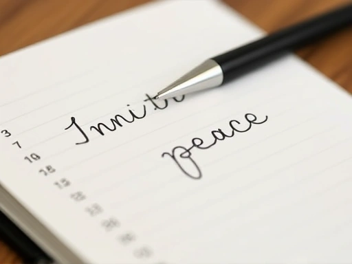 Close-up of a beautifully designed meditation journal with pen, emphasizing details like handwritten notes and calming colors, with keywords like inner peace.
