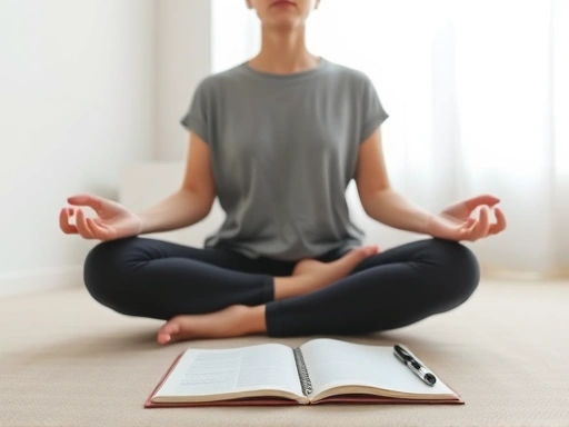 A peaceful and serene scene of a person meditating in a minimalist room with natural light, holding a simple notebook and pen beside them, emphasizing calm and self-reflection.