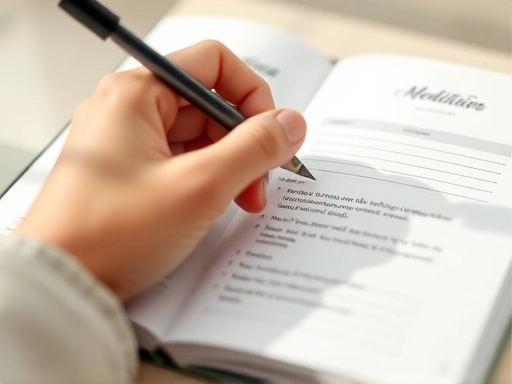 Close-up of a hand gently writing in a meditation journal with soft light, showing a simple template with prompts for feelings and insights, focusing on the act of thoughtful reflection.