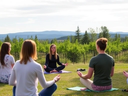 A serene individual guides a group in a peaceful outdoor meditation session, focusing on mindfulness and nature.