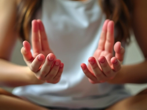 Close-up of hands in a meditative pose, emphasizing relaxation and inner peace, with soft lighting and a calm atmosphere.