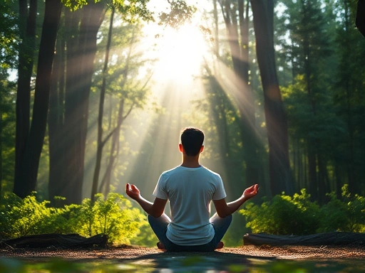 A serene individual meditates in a lush forest, sunlight filtering through the trees, creating a peaceful atmosphere.